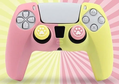 Защитный силиконовый чехол Pink/Yellow для геймпада Sony DualSense (PS5) + в подарок накладки на стики "Лапки"