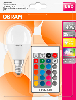 Світлодіодна лампа Osram LED STAR + P40 DIM 4.5 W (470 Lm) 2700 K + RGB E14 пульт ДК (4058075430877)