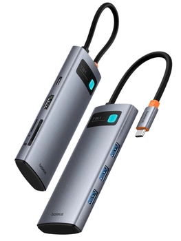 Переходник Адаптер Хаб Кардридер Baseus OH146 7 в 1 USB Type-C + 3 USB 3.0 5Gb + TF SD MicroSD 60Mb/s + HDMI 4K 60Hz PD 85-100W Док-станция Grey