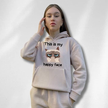 Жіночий теплий худий на флісі з принтом "This is my happy face" Oversize, XS\S, Таш