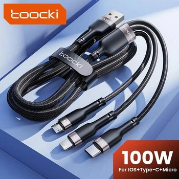 Кабель 100W Toocki 6A 3 в 1 кабель USB- А - USB-Type-C/MicroUSB/Lightning 1.2m Gray