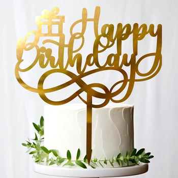 Золотой Топпер "Happy Birthday (Подарок)" 14х14см Фигурка на Торт в Цветы Зеркальная Надпись Пластик Золото