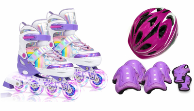 Роликовые коньки раздвижные Inline Skates PU свет размер 29-33 стелька 18-20,5 см с шлемом и защитой Violet (3746347573)