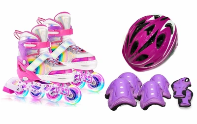 Роликовые коньки раздвижные Inline Skates PU свет размер 29-33 стелька 18-20,5 см с шлемом и защитой Pink (3746347574)