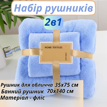 Набор 2 в 1 полотенец для ванной и душа для лица и тела,комплект банных флисовых полотенец 2 шт. цвет синий (polotenca_2v1_blue)