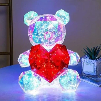 Мишка Love Bear медведь голографический 3D с LED подсветкой с красным сердцем 32 см