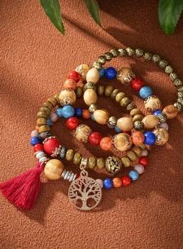 Браслет из деревяного бисера Дерево жизни Bohemian Style 4 в 1 на резинке Набор Разноцветный ЕО3467