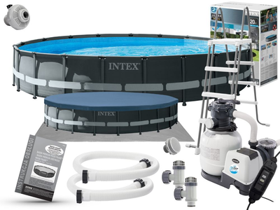 Каркасный бассейн Intex 26334 Ultra Frame 610х122 см с песочным насосом, тентом, подстилкой и лестницей Серый