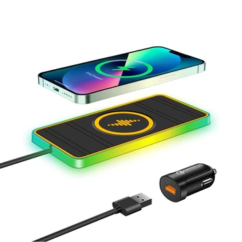 Беспроводная зарядка в машину авто для apple айфона iphone самсунг samsung QINETIQ A8 RGB 15W Car Wireless Pad&Airpods charge с RGB подсветкой + адаптер в подарок