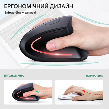 Вертикальная мышка 2.4ГГц Беспроводная Оптическая DPI 800/1200/1600 Эргономическая Праворукая Черная матовая