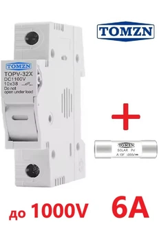 Держатель +1 предохранитель 6 Ампер, 10x38мм DC до 1000V TOMZN 1Р однополюсный, для солнечных панелей, PV (класс gPV), TOPV-32, на DIN рейку