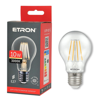 Світлодіодна філаментна лампа ETRON Filament 10W A60 E27 3000K прозора