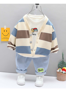 Детский костюм тройка (кардиган, кофта, джинсы) Baby Shark 80см голубой с белым KO552