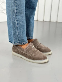 Лофери жіночі зимові ShoesBand Темно-бежеві натуральна замша 38 (24,5-25 см) (S94251з)
