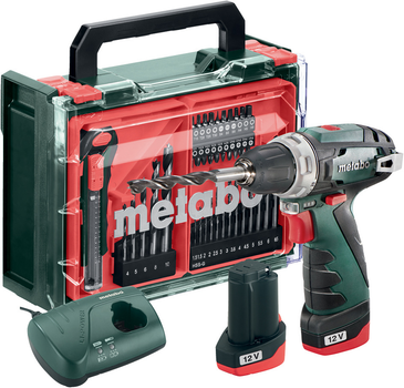 Аккумуляторная дрель-шуруповерт Metabo PowerMaxx BS Basic Set 12V 2x2Ah Li-Power, Зарядное устройство LC 40, Пластиковый кофр, с передвижной мастерской с 41 компонентом (600080710)