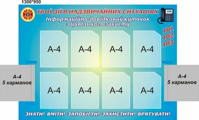 Стенд «Твої дії в надзвичайних ситуаціях» з 2 книжками А4 формату на 5 кишень 1300мм×950мм (Арт0082)