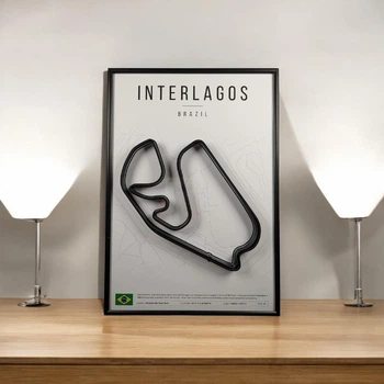 Металева Рамка 30x21см з 3D Трасою Autódromo Interlagos Circuit (Autódromo José Carlos Pace) / São Paulo, Brazil / Інтерлагос В Масштабі 1:40 000 Black Matte / Рамка-Підставка 2в1 на Стіну або Полку