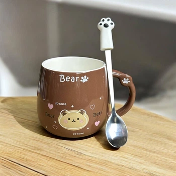 Керамічна чашка з ложкою та кришкою Bear 400 мл коричнева (14934)