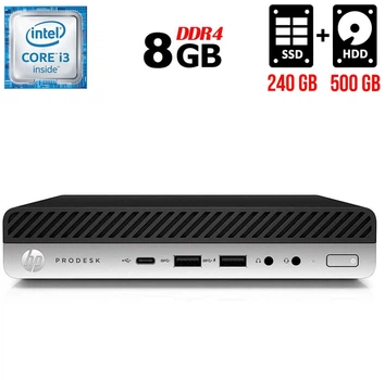 Неттоп HP ProDesk 600 G3 Mini USFF / Intel Core i3-6100T (2 (4) ядра по 3.2 GHz) / 8 GB DDR4 / 240 GB SSD + 500 GB HDD / Intel HD Graphics 530 / DisplayPort + Блок питания б/у