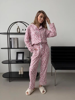 Жіноча піжама з мусліну Crocus COSY брюки+сорочка L з леопардовим принтом M251P