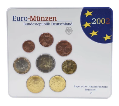 Набор монет Германия набор из 8 монет евро 2002 UNC D 1, 2, 5, 10, 20, 50 евроцентов, 1, 2 евро в сувенирной упаковке