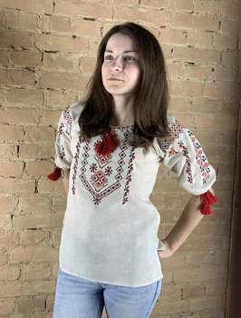 Лляна жіноча вишиванка Ноко "Вишенька" в бежевому кольорі 42