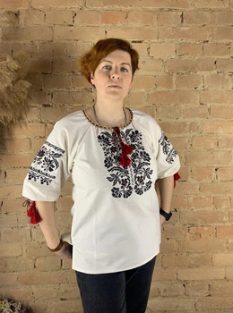 Лляна жіноча вишиванка Ноко "Фрезія чорна" бежева 58