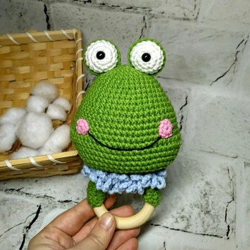 Игрушка детская погремушка ручной работы вязаная амигуруми Hand Made Жабка 18 см Зеленый 300-03-1