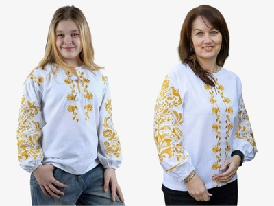 Семейные вышиванки для мамы и дочки Исполнение желаний парные 4368020411 лен женская (М)92 для девочки 110см белые с золотистой вышивкой (4615050411110)