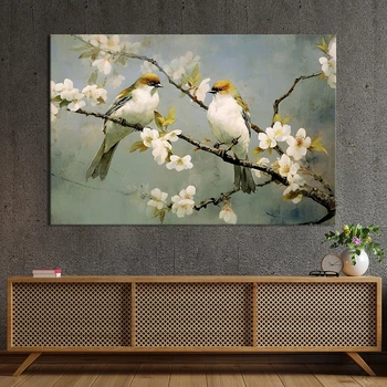 Картина на холсте Две птицы на ветке с цветами 120x80 см (V324-1_XL)