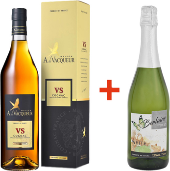 Коньяк Maison A. de Vacqueur Cognac VS 3 года выдержки 0.7 л 40% в подарочной упаковке + Винный напиток игристый ароматизированный Berlaine сладкое белое 0.75 л 7.5% (8437007365887_3760305860194)