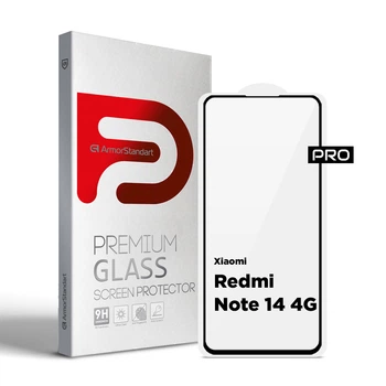 Защитное стекло на Xiaomi Redmi Note 14 4G с олеофобным покрытием, Pro, полное проклеивание, антистатичный и пылеотталкивающий слой, 9H, самоклеющееся, 2.5D, на весь экран, антистатический клей, ArmorStandart (ARM79679)