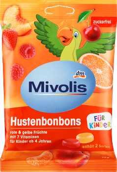 Фруктові льодяники без цукру для дітей Mivolis Hustenbonbons für Kinder, 75 г (27шт)