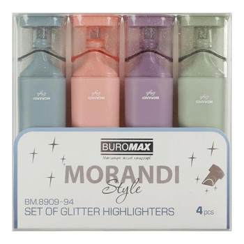 Набір із 4-х текст-маркерів MORANDI STYLE Glitter (рожевий, бузковий, оливковий, графітовий) MORANDI Glitter, 1-4 мм