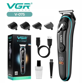 Акумуляторний триммер для стрижки волосся та бороди з USB та LED-дисплеєм VGR V-075 Pro Чорний + Олія для лез