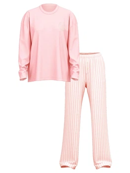 Фланелева Піжама Victoria's Secret Flannel Long-Sleeve Tee-Jama Set, Рожева в смужку М