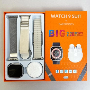 Подарочный набор Watch 9 Suit комплект 4 в 1 наушники беспроводные Air Pro 6 + смарт часы watch 9 + 2 дополнительных ремешка серый