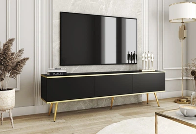 Тумба под ТВ Perfect Home Оро / Oro RTV175 3-дверная с золотыми ножками Черный