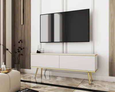 Тумба под ТВ Perfect Home Оро / Oro RTV135 2-дверная с золотыми ножками Белый