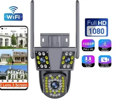Уличная поворотная IP камера видеонаблюдения PC226 Wi-Fi с тремя линзами Black