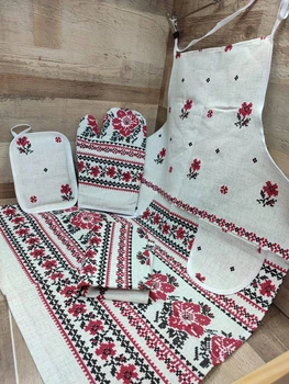 Полный набор для кухни фартук перчатка прихватка Белый с красным (Д-fartuh0006)