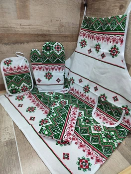 Кухонный комплект фартук для готовки с варежкой и прихваткой льняной Зеленый (Р7-fartuh0012)