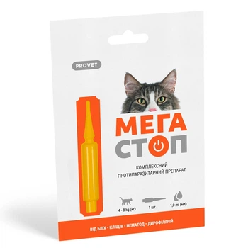 Капли на холку от блох, клещей и глистов для кошек от 4 до 8 кг ProVET Мега Стоп 1 шт/уп