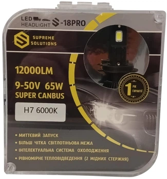 Світлодіодна лампа автомобільна Supreme Solutions S 18 PRO H7 65W 6000K 12000Lm IP68