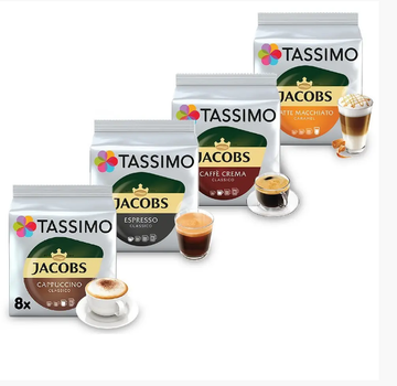 Кофе в капсулах Tassimo Espresso / Cappuccino / Latte Macchiato Caramel / Caffe Crema Набор 4 шт