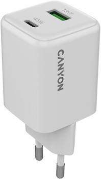 Мережевий зарядний пристрій Canyon GaN CU45AC USB Type-A QC4.0 18W Type-C PD 45W White (CNS-CUW45AC)