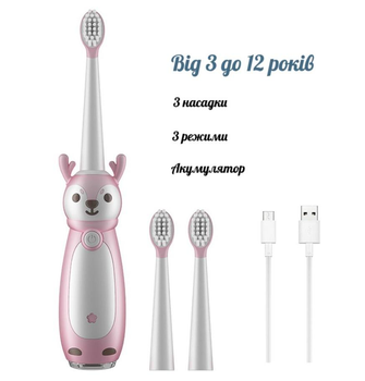 Детская электрическая зубная щетка MDHL Sonic Toothbrush (3 насадки, 3 скорости, 3-12 лет, аккумулятор 320mAh, Type-C 5v) - Розовая
