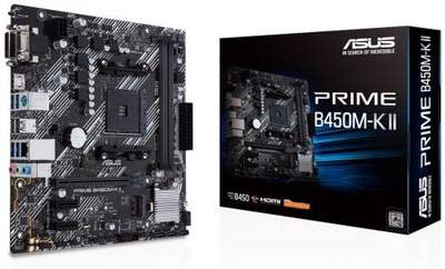 Мат.плата AM4 (B450) Asus PRIME B450M-K II, B450, 2xDDR4, Int.Video(CPU), 4xSATA3, 1xM.2, 1xPCI-E 16x 3.0, 2xPCI-E 1x 2.0, ALC887, RTL8111H, 6xUSB3.2/6xUSB2.0, VGA/DVI-D/HDMI, MicroATX