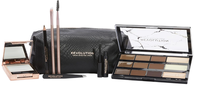 Zestaw do kształtowania brwi Makeup Revolution Pęseta + Klej + Kosmetyczka + Szczoteczka + Kredka w kremie brązowa 0.38 g + Paleta Brązowa 10 g + Mydło 5 g + Żel Ciemny Brąz 4 ml (5057566530941)