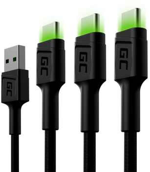 Zestaw kabli Green Cell Ray Set 3x USB-A – USB-C LED 1.2 m Black (KABGCSET02)